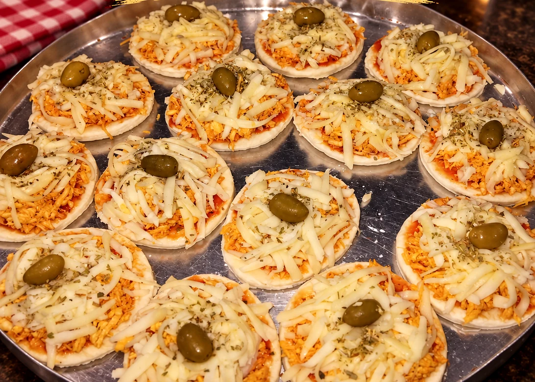 Mini pizzas de frango em montagem