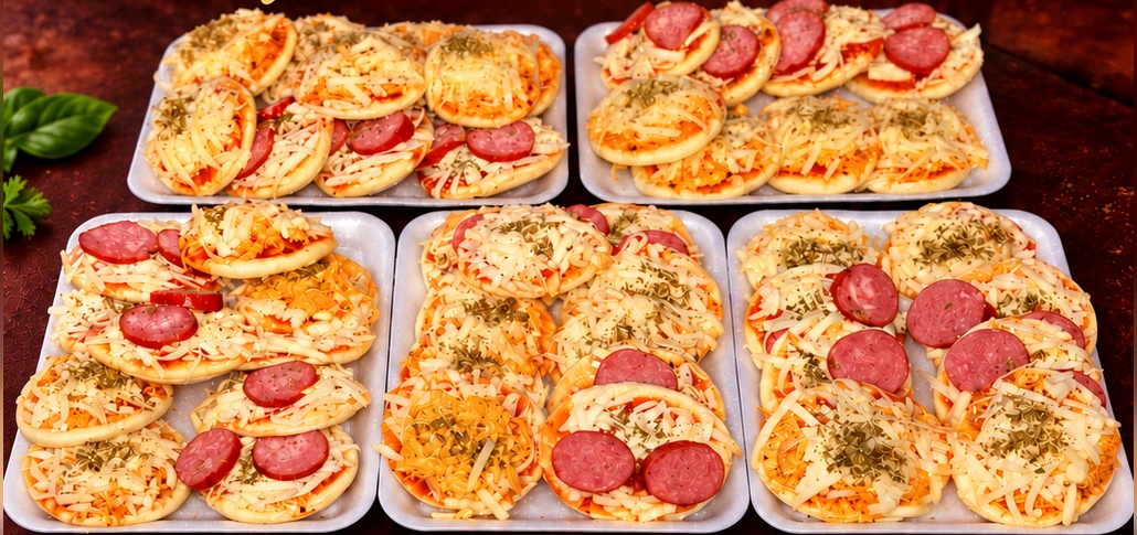 Mini pizzas artesanais prontas para encomenda